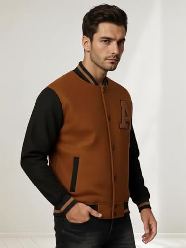 Image of CHKOKKO Men's Regular Varsity Jacket with Snap Button Closure and Patch Design Trendy Comfortable Outerwear for College Travel and Casual Wear
