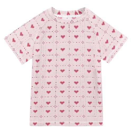 ALAZA Boys Swim Shirts Toddler Rash Guard Short Sleeve Rashguard Hearts Pink Lattice UPF 50+ 11-12T