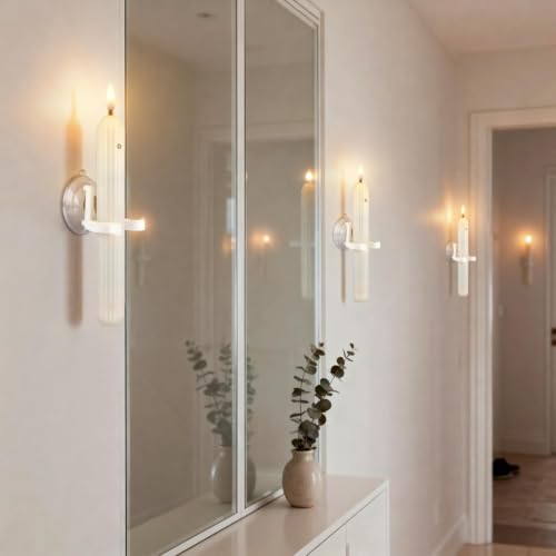 Image of 12 Flameless Led Taper Windows Candles with Sensor Dusk to Dawn & Ivory Striped Candlesticks with Suction Cups, Roman Column Christmas Window Candle Battery Operated for Home Decor