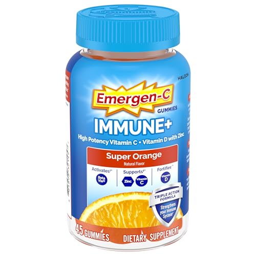 Emergen-C Immune+ Immune Gummies, Vitamin D plus 750 mg Vitamin C, Immune Support Dietary Supplement, Caffeine Free, Gluten Free, Super Orange Flavor - 45 Count