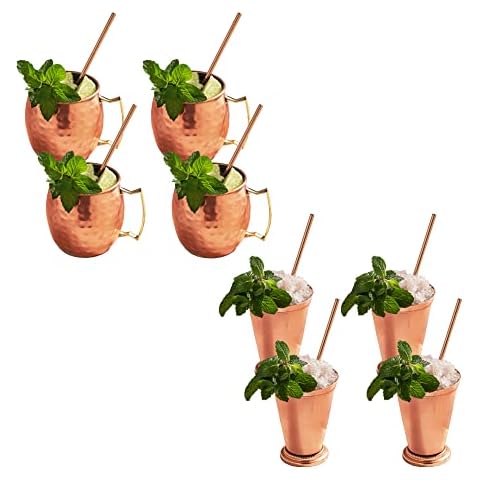 Sol Living Mint Julep Cups and Moscow Mule Bundle Gift Set Includes 4 Mint Julep Cups & 4 Moscow Mule Mugs Stainless Steel, 8 Straws Included Barware Set Cover