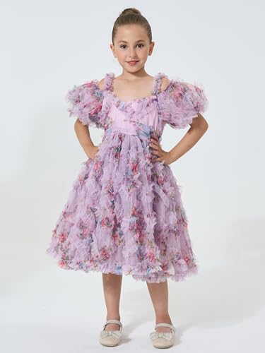 2Bunnies Girls' Tiered 3D Floral Ruffled Tulle Off Shoulder Puff Sleeve Sweetheart Neckline Dress3