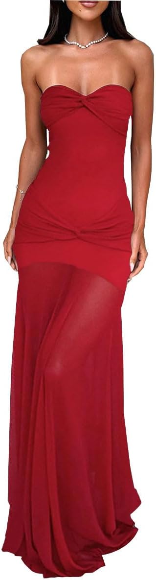 ABINGOO Women's Tube Top Dress Twisted Knot Front Mesh Patchwork Maxi Dress Strapless Bodycon Long Dresses Clubwear