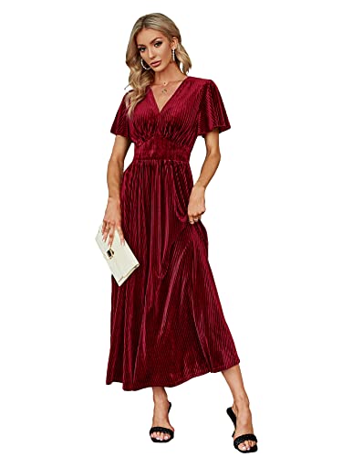 Image of Simplee Women's V Neck Velvet Maxi Dress Short Sleeve Empire Waist Long Formal Dress for Wedding Guest