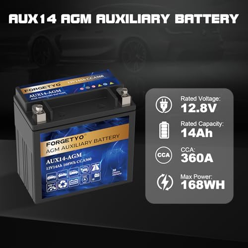 Image of AUX14 Auxiliary Battery, 12V 14 AH AGM Battery, 360 CCA Rechargeable AGM Maintenance Free 38 Months Warranty