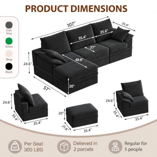 107" Modular Sectional Sofa Boneless Couch with Storage, L-Shape 3 Seat Comfy Modern Cloud Couch Sofa with Ottoman, 27" Deep Seat Corduroy Sofa for Living Room, Tool-Free Assembly - Dark Grey - image 3
