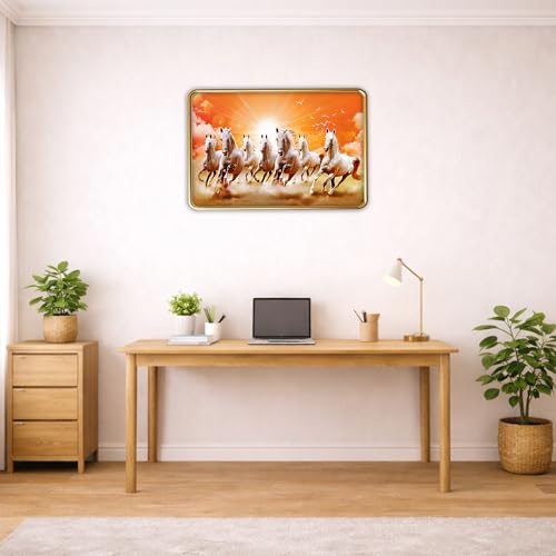 Image of XOPY Seven Running Horses with Golden Frame | Vastu 7 horses Raw Pyrite Painting for Home, Office & Living Room Wall Decore | 12X18 Inch Sparkle Laminated Frame | Best For Gifting (53326, 12X18)
