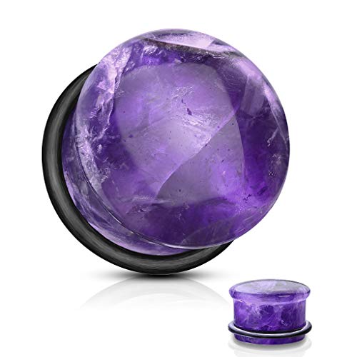 Pierced Owl Natural Amethyst Semi-Precious Stone Domed Single Flare Plugs With Black O Ring cover