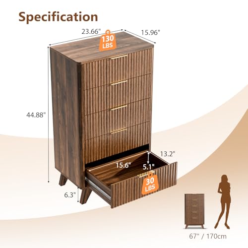 Vingli Walnut Fluted Tall Dresser, 5-Drawer Midcentury Modern Bedside Chest