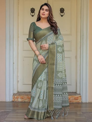 Image of ALMAARI FASHION Floral Printed Cotton Saree for Women with Handloom Zari Weave, Traditional Lightweight Ethnic Saree for Wedding Festive Office Party with Blouse Piece (LINEN 81-90 SH)