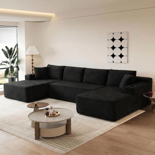 GNIXUU 133.5" U Shaped Black Boneless Sectional Couch with 2 Cup Holders