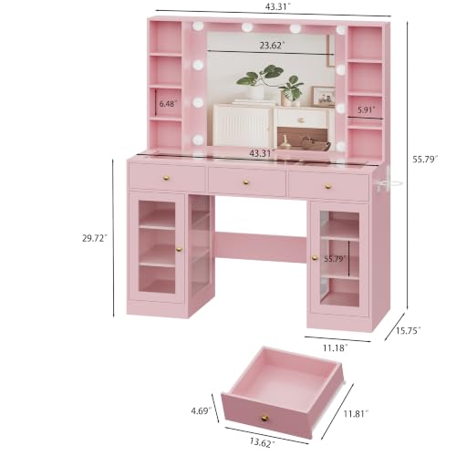 Image of HUANLEGO Pink Vanity Desk with Mirror and Lights, Glass Top Vanity with Lighted Mirror & RGB Glass Cabinet and 3 Drawers, Makeup Vanity Desk with Lights Dressing Table for Bedroom, 3 Color Modes