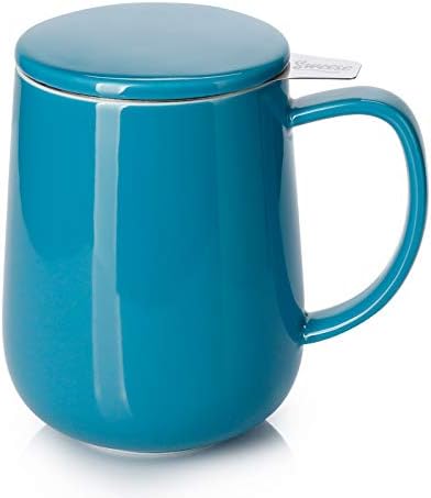 Sweese Porcelain Teacup with Infuser and Lid, 20oz, Steel Blue, Microwave Safe, Reusable