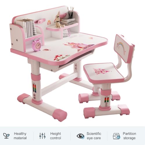 cadciehe Kids Study Desk with Chair, Height Adjustable Children Study Table with 39.8 x 29.8 x 19.1 in Desk, Widened Desktop, Adjustable Backrest Chair, Drawer and Book Bucket for Boys and GirlsPink - Image 4
