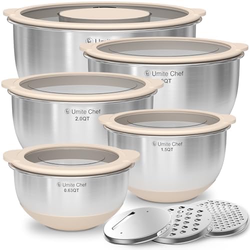 Mixing Bowles Set with Lids Set - Warp-Proof TPR-AS Lids, Stainless Steel Mixing Bowl with 3 Graters & Measuring Lines, Non-Slip Bowls for Baking, Prep, Airtight Food Storage (Khaki 5/3/2/1.5/0.63QT) - Thumbnail 2