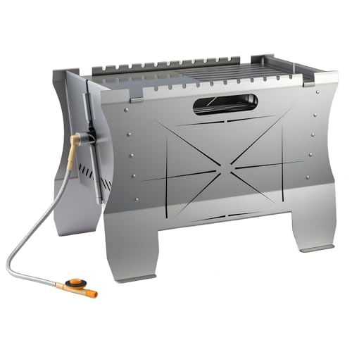 Trintion Mobiler Gasgrill – Tragbarer Edelstahlgrill mit Stecksystem–Klappbar Faltbarer Campinggrill – Gas & Holzkohlebetrieb, Inkl. Tragetasche, Perfekt für Camping, Balkon, Garten & Outdoor, Silber