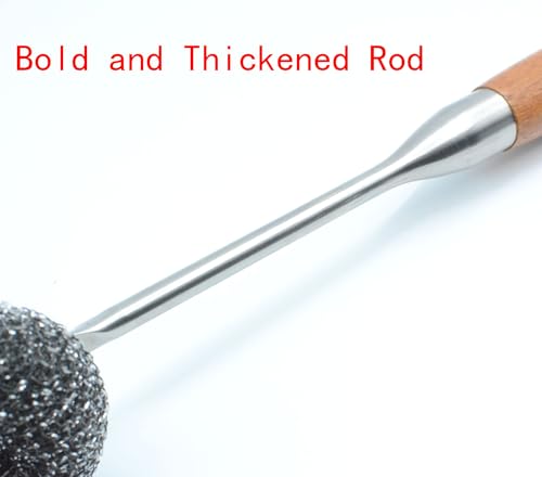 Image of Long Handle Steel Wire Ball, Bold and Thickened 14.5 Inch Stainless Steel Ball Brush and 2 Additional Wire Balls for Pot, Bottle and Closestool (Wood)