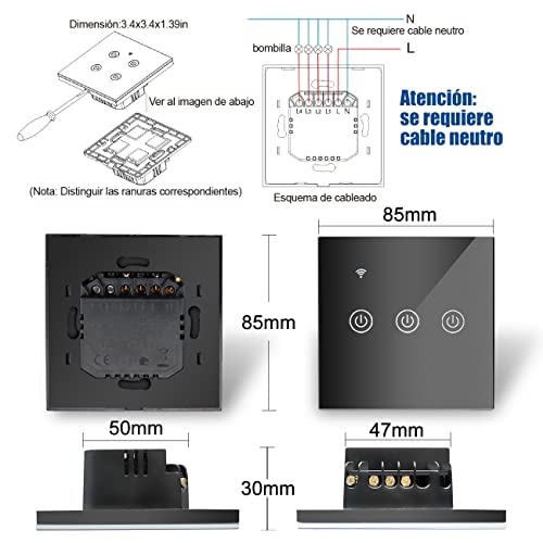 EXTRASTAR WLAN-Touch-Wandschalter, 3-Wege, 3 Kanäle, Kompatibilität mit intelligenten Assistenten wie Google Home und Amazon Alexa, neutrales Kabel erforderlich, Schwarz