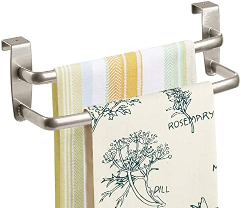 mDesign Tea Towel Holder  Over Door Towel Rail with No Drilling Required  Kitchen Towel Holder  Ideal for Kitchens & Bathrooms - Brushed Nickel