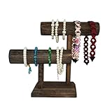 天然木製 ブレスレットスタンド アクセサリースタンド おしゃれ 数珠 収納 ネックレスバングルや時計用のジュエリー(無垢材) (アンティークカラー,二層)