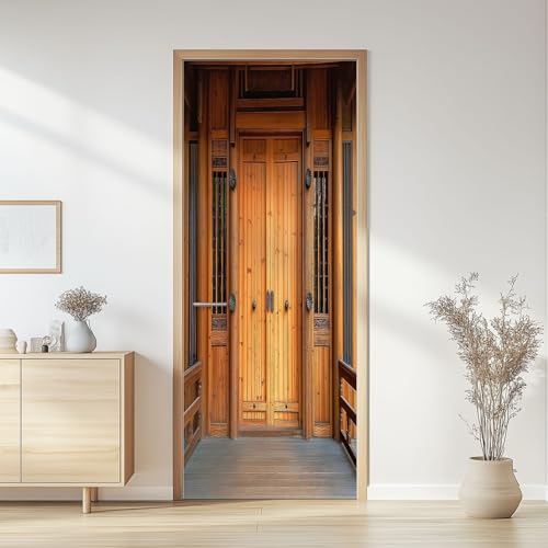 Adhesivo 3D para puerta de 80 x 200 cm (ancho x alto) para puerta, mural, puerta de madera de estilo chino, autoadhesiva, PVC, resistente al agua, póster para puerta, texturas de madera, papel pintado