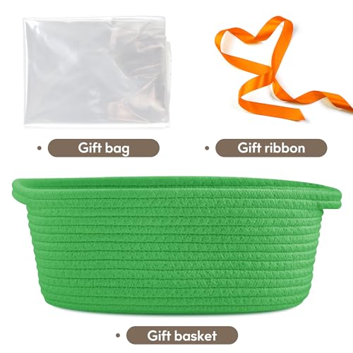 Image of Pro Goleem Small Woven Basket with Gift Bags and Ribbons Durable Baskets for Gifts Empty Small Rope Basket for Storage 12 inchX 8 inch X 5 inch Baby Toy Basket with Handles, Grass Green