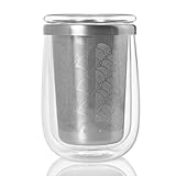 AdHoc Tea Glass with Infuser - Mug with Stainless Steel, Fine Filter - Double-Walled Borosilicate Glass Teacup - Perfect for Brewing Loose Leaf - Includes Drip Stand Lid