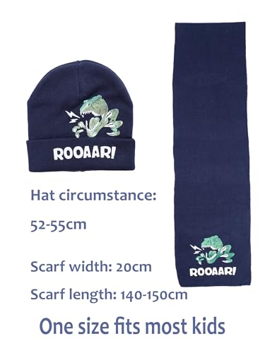 Image of Kid Winter Knit Hat Scarf Dinosaur Warm Knitting Cartoon Animal Beanie Scarf Set for Boys Girls Navy