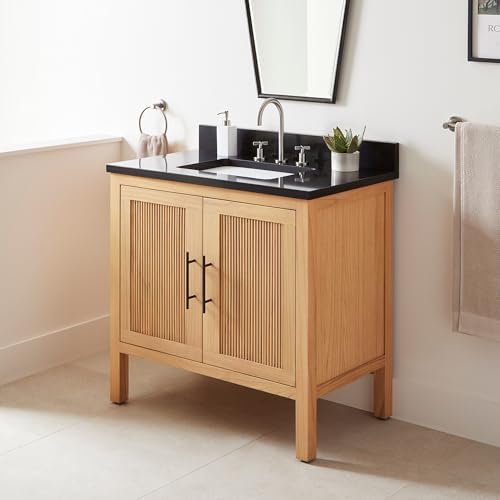 Signature Hardware 953591-36-RUMB Ayanna 36" Freestanding Mindi Wood Single Basin Vanity Set with Cabinet, Vanity Top and Rectangular Undermount Sink - 8" Faucet Holes - Natural Mindi/Carbon Black