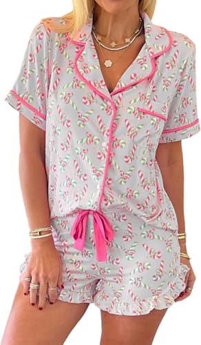 Image of KevaMolly Women Novelty Knotted Candy Cane Christmas Pajama Set | Christmas Floral Bow Print PJ Set, Button Lapel Knotted Drawstring Shorts with Convenient Side Pockets