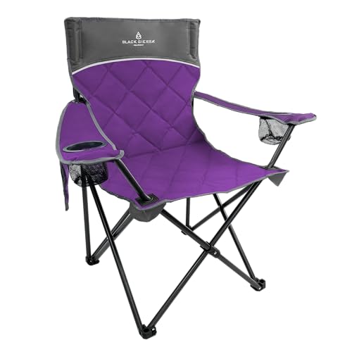 Silla para camping acolchada y acolchonada Black Sierra, asiento lounge extragrande para exteriores con soporte de 300 lbs, portátil, plegable con portavasos, color púrpura