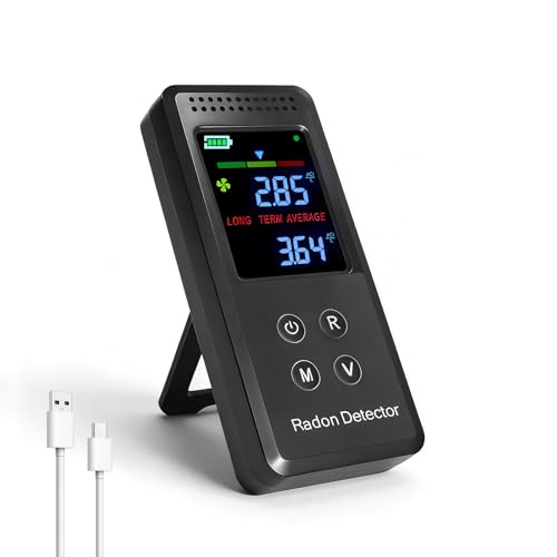 Portable Radon Detector, Rechargeable Radon Test Kit for Home with High-Precision Sensor, Real-Time Monitoring, Short & Long-Term Tracking, 45-Day Battery Life for Travel & Indoor Use, Black