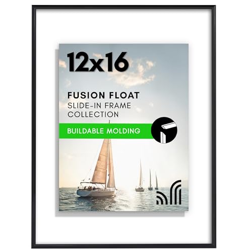 Americanflat 12x16 Floating Picture Frame with Shatter Resistant Glass   Fits 9x12 Photos or Smaller  Slide in Photo Frame   Fusion Float Collection   Floating Frame for Wall Display   Black