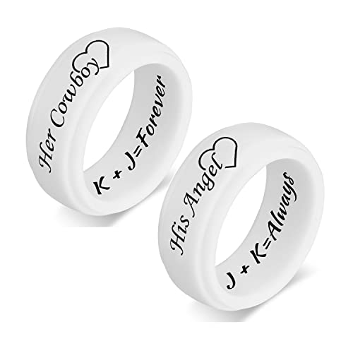 Silicone Matching Rings Silicone Couples Rings Her Cowboy & His Angel Heart Custom Engraved White 2 Packs Silicone Wedding Bands Gift Promise Ring Bridal Sets, Width 8MM Size 6 to 14