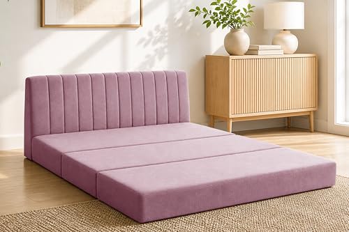Image of 3-Seater Foldable Floor Sofa Bed with, Modern Velvet Fabric Folding Couch for Living Room, Guest Room & Small Spaces-Rose Pink