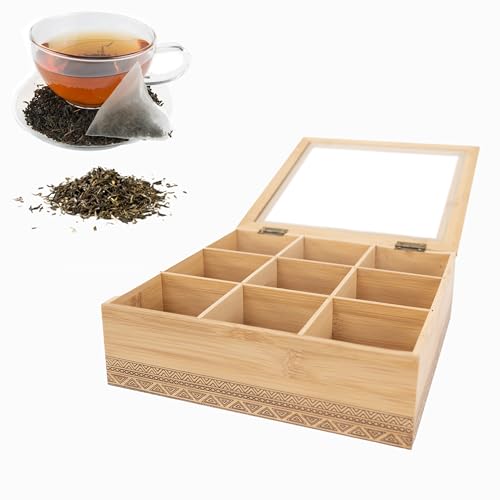 LIN HOME Cajita de Madera y Bambú con Tapa de Cristal con 9 Compartiments para Bolsas de Té o Sobres de Azúcar,Cuadrado