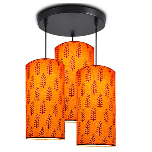 Image of Hanging Light Set of 3 | Dining Table Hanging Lights for Ceiling | Cylinder Pendant Cluster Lamps | Printed Fabric lamp Shades (Circular Arrangement - Orange Grove Fabric)