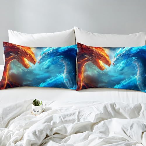 Homemissing Dragon Fitted Sheet Ice Fire Dragon Bed Sheets for Kids Boys Girls Safari Wildlife Bedding Set Orange Blue Dragon Sheets Set Bedroom Collection 2Pcs Single Size,No Flat Sheet - Image 4