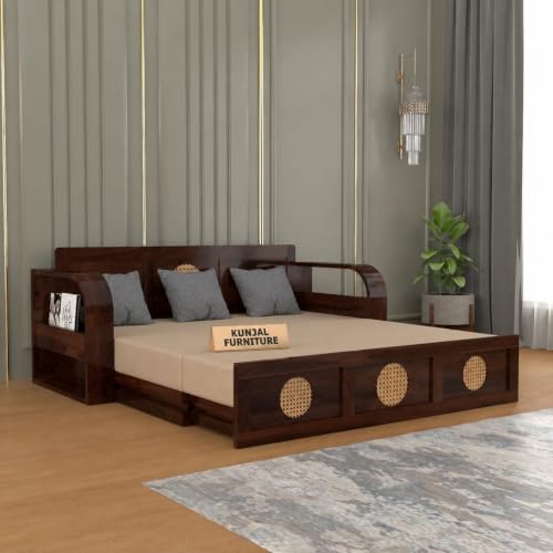 Image of Kunjal Furniture Solid Sheesham Wood Sofa Cum Bed with Storage for Living Room | 3-Seater Convertible Sofa Bed | Handmade Wooden Furniture (Walnut+Beige, Round Cane)