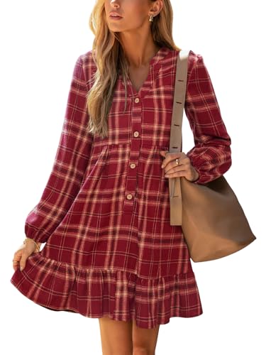 CUPSHE Damen Kleid Kariertes V-Ausschnitt Langarm Freizeitkleid Tunika A-Linie Minikleid mit Knopfleiste Rüschen Saum Rot M