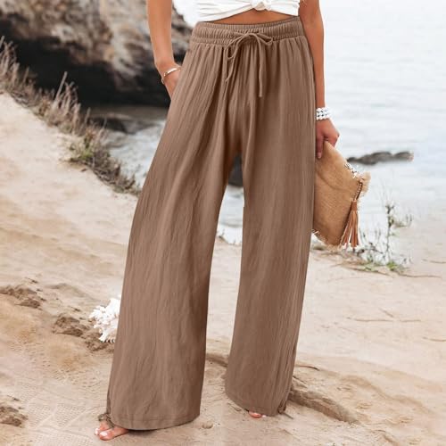 Palazzo Pants for Women Cotton Linen Drawstring High Waist Lounge Pants Summer Boho Flowy Linen Beach Pants with Pockets2