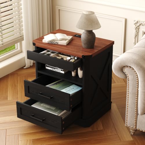 Image of Yusong Farmhouse Night Stand with Gun Drawer & Invisible Lock, Rustic Wooden Night Stand with Charging Station, Beside Table with Drawers and Open Storage, End Tables for Bedroom, Black