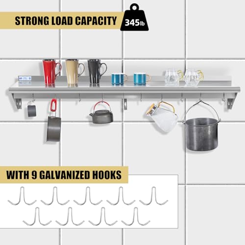 Image of Hally Stainless Steel Shelf with 9 Hooks 12 inch x 72 inch Wall Mounted Pot Rack 345lb, NSF Commercial Floating Shelving for Storage Hanging Pots, Pans, cookware in Restaurant, Kitchen, Home and Hotel