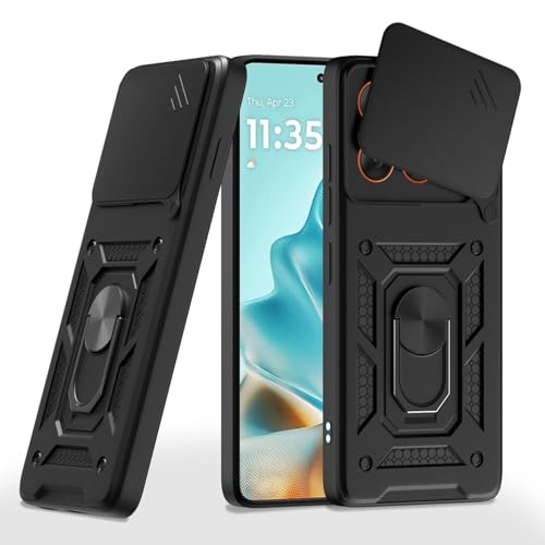 Image of Pikkme Back Cover for Motorola Moto Edge 70 5G | 360 Protection Case | Sliding Camera Shield Cover & Ring Holder Stand D10 Tough Armor Bumper Case (Black)
