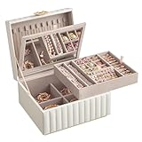 SONGMICS HOME 2-Tier Jewelry Box with Mirror, Jewelry Organizer, Removable Tray, PU Surface with Stitching, Floating Effect, 8.5 x 9.4 x 5.3 Inches, Cloud White, ANAH Collection UJBC182W01