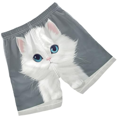 Pigsaly Boys' Swim Board Shorts White Cat Persian Kitty Boy's Swim Trunks Kids Swimwear M2
