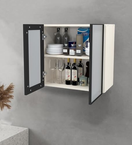 Image of SPECIALITY PANELS Aluminium Black Profile 2 Door Wall Cabinet | Fluted Glass Handless Shutters | Wall Mounted Kitchen Storage Cupboard | Space Saving Multipurpose Storage Unit | DIY Assembly