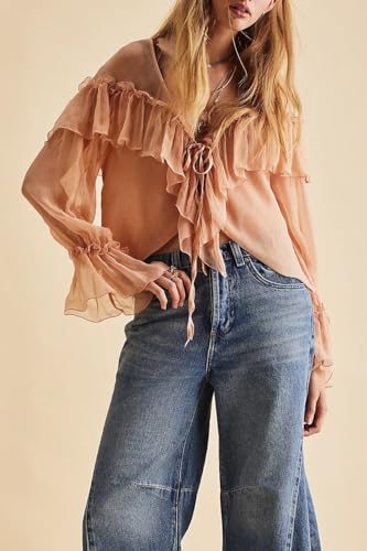 Image of Sexy Pink Ruffle Shirt Flowy Lace Long Sleeve Front Tie Chiffon Top Boho Embroidered Peasant Blouse Summer Bow Tie Front Peplum Tops for Women