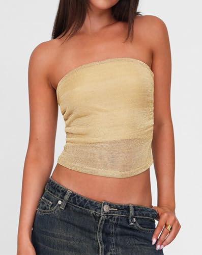 Women Sexy Sheer Mesh Strapless Metallic Crop Tube Tops Y2K Glitter Stretchy Going Out See Through Bandeau Tops2
