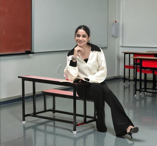 Image of GOYALSON School Home Tution College Bench Duel Desk Student Bench Cum Duel Desk Strong and Sturdy Metal Standard Structure with Wooden Top (1, Red, Small Students Without Back)